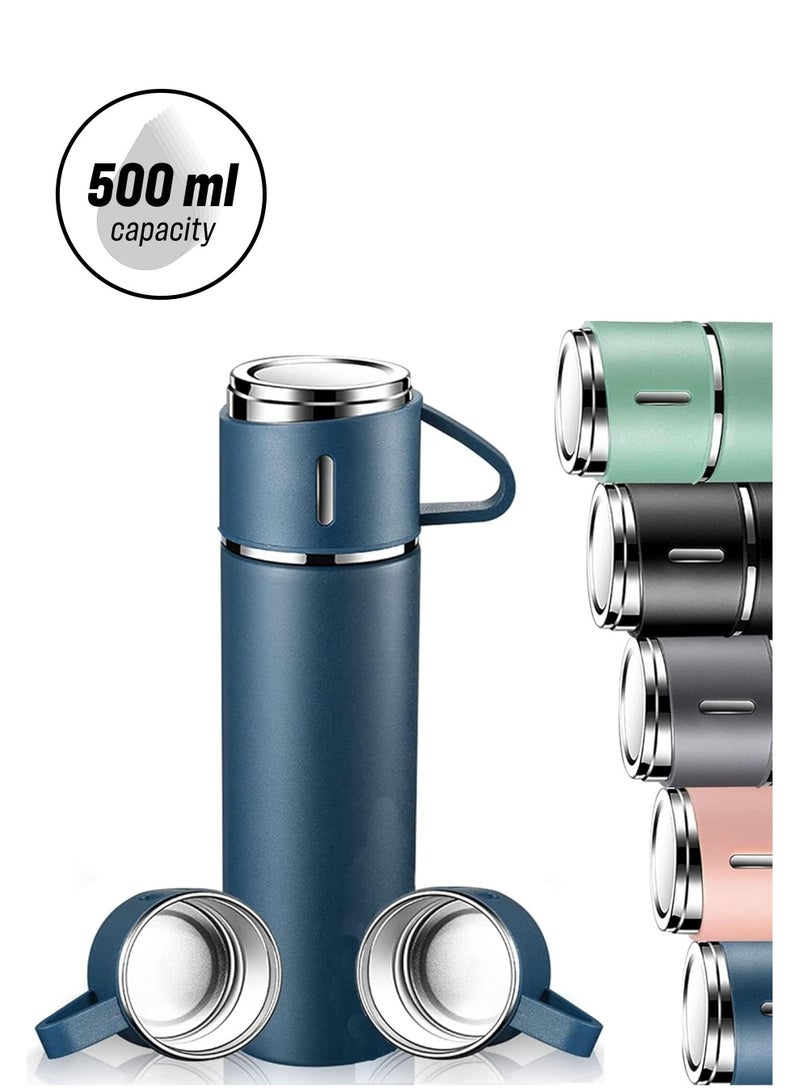 JAJEEK 500ml Stainless Steel Vacuum Thermos Flask with Silicone Handle – Insulated Water Bottle with 2 Stainless Steel Cups Set | Gift Box (2 PACK, BLUE) – Perfect for Hiking, Camping & Travel, Hot & Cold Drinks  - Image 1