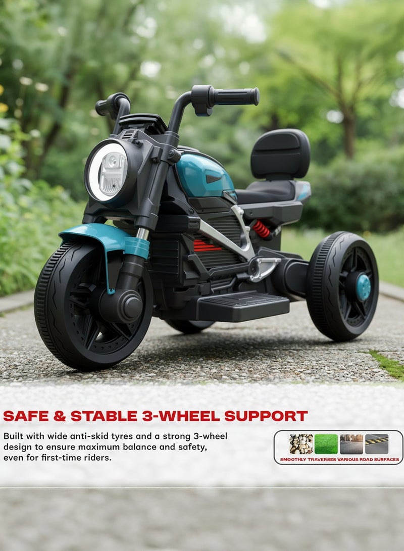 بيبي دراجة كهربائية للأطفال، دراجة كهربائية للأطفال مزودة بإضاءة LED وموسيقى ومُسرّع للقدمين | دراجة أطفال تعمل بالبطارية للأطفال الصغار | دراجة أطفال تعمل بالبطارية للأولاد والبنات من عمر سنتين فما فوق، لون أزرق - Image 2