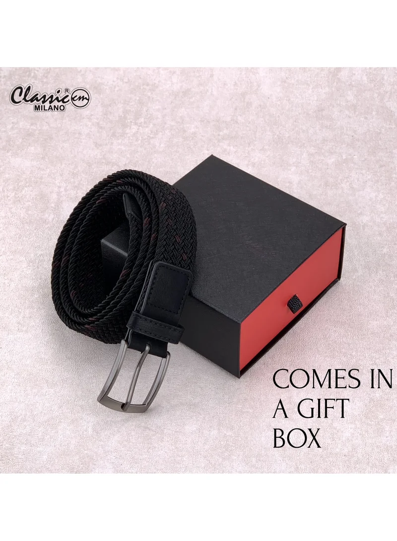 Classic Milano Black (DWE-316) Classic Milano Braided Cotton Elastic Stretch Belt for Men & Women, Woven Canvas Web Belt with Gift Box, Adjustable Men's Belt | Full Length: 110CM (Free Size - Fits up to the waist of 40 Inches / 100 CM)  | Best Price UAE