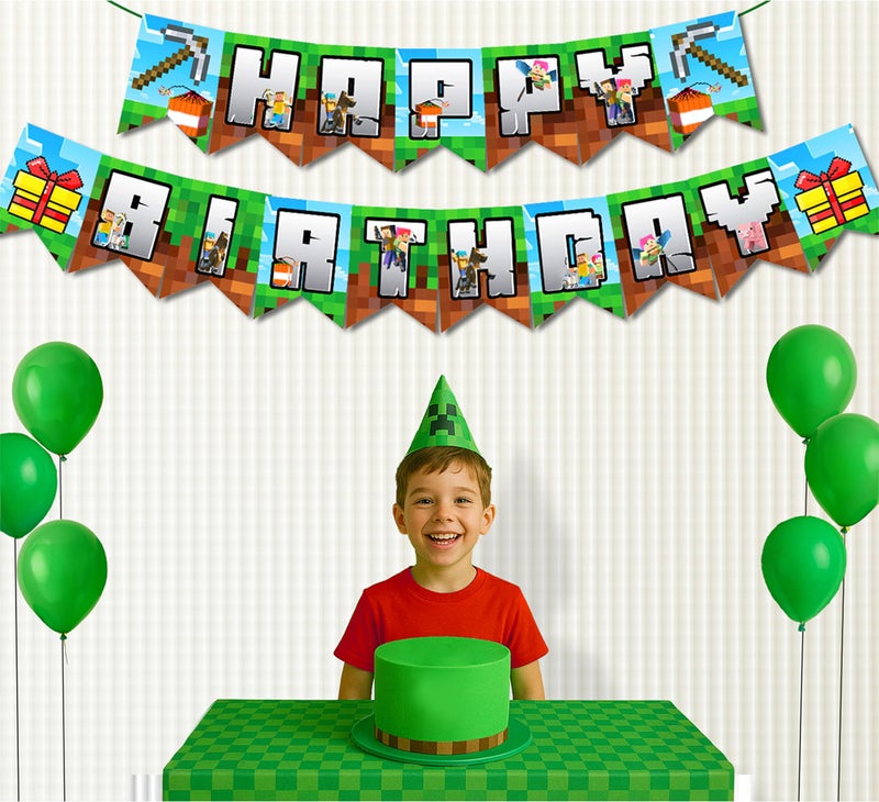 IndoTribe Pixel Happy Birthday Banner Pre-strung - 10 Ft Video Game Birthday Decorations Pixel Bday Decorations Miner Backdrop Pixel Birthday Decorations Miner Gamer Party Decorations - Image 4