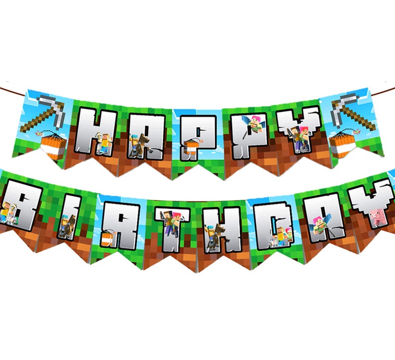 IndoTribe Pixel Happy Birthday Banner Pre-strung - 10 Ft Video Game Birthday Decorations Pixel Bday Decorations Miner Backdrop Pixel Birthday Decorations Miner Gamer Party Decorations - Image 1