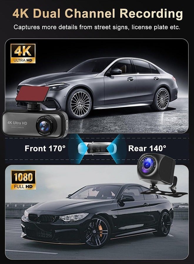 Makrystorm 4K Dash Cam For Car 3840*2160P Dual Lens Support 1080P Rear Camera,G-Sensor, Loop Recording,WIFI GPS 24H Parking Monitoring,Night Vision,With 128GB SD Card - Image 3
