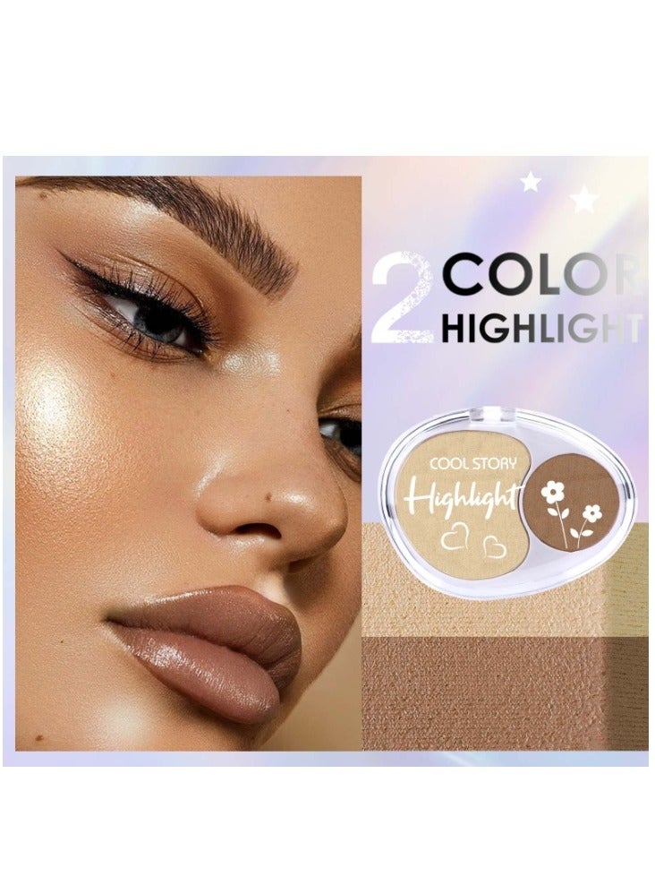 COOL STORY Two Color Glitter Highlighter Powder Palette,3 in 1 Blush and Highlighter Powder Makeup,Waterproof Long Lasting,Highly Pigmented Face Illuminator for a Glowing Look 1 Pcs Palette Color Brown Beige - Image 1