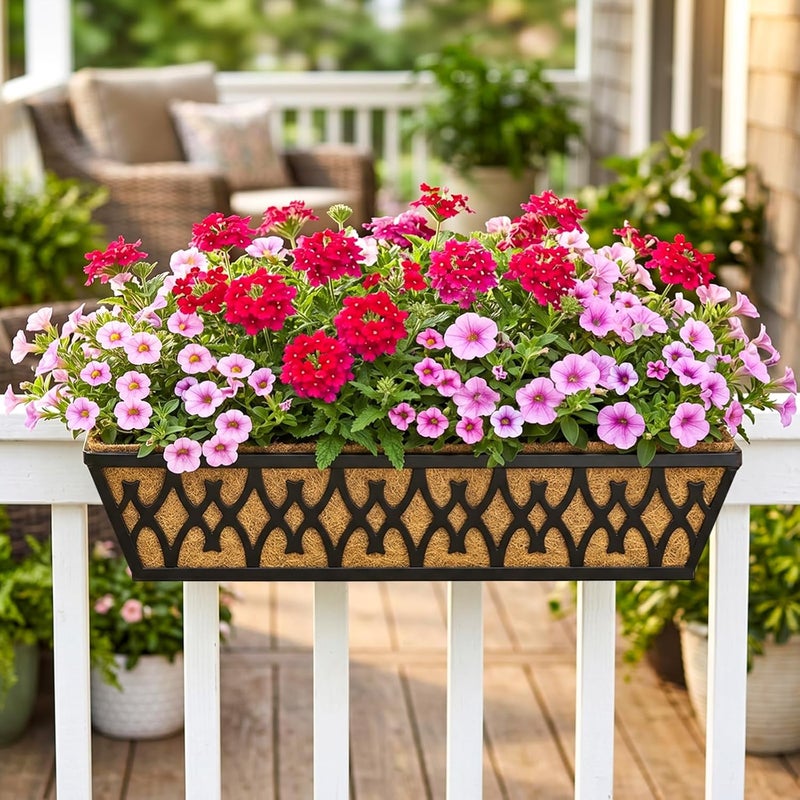 Karlliu 2 Pack 24 Inch Window Boxes Planters Railing Planter Box with Adjustable Brackets for Porch Fence Patio Balcony Hanging Flower Baskets with Coco Liners for Outdoor Garden Décor - Black - Image 2