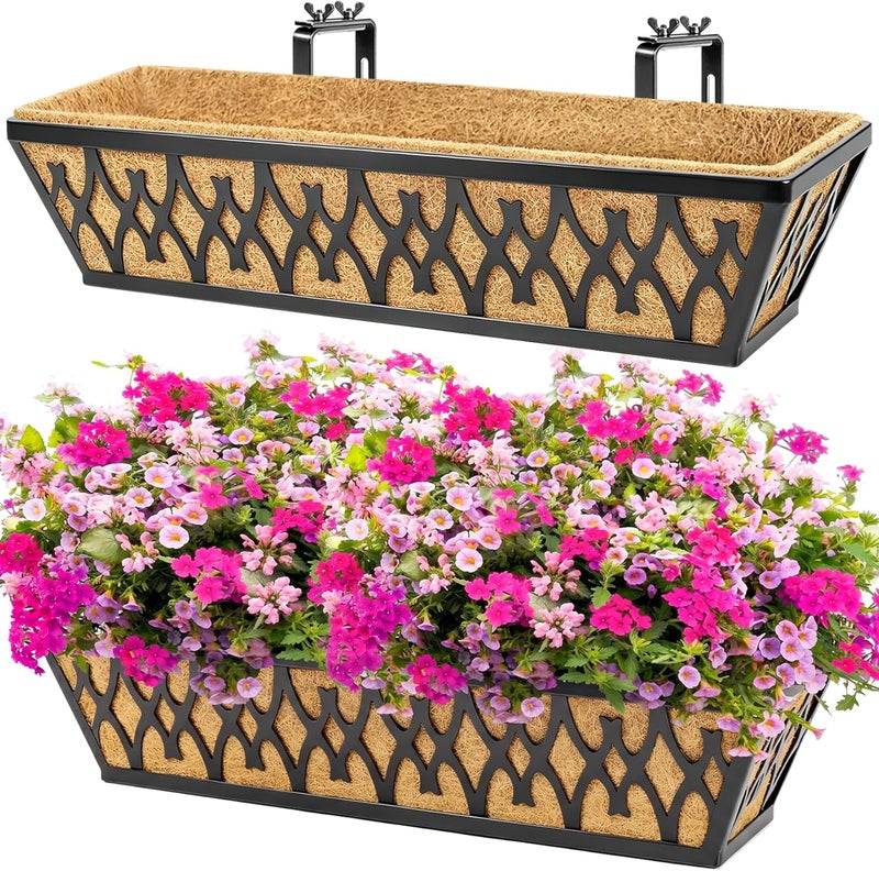 Karlliu 2 Pack 24 Inch Window Boxes Planters Railing Planter Box with Adjustable Brackets for Porch Fence Patio Balcony Hanging Flower Baskets with Coco Liners for Outdoor Garden Décor - Black - Image 1