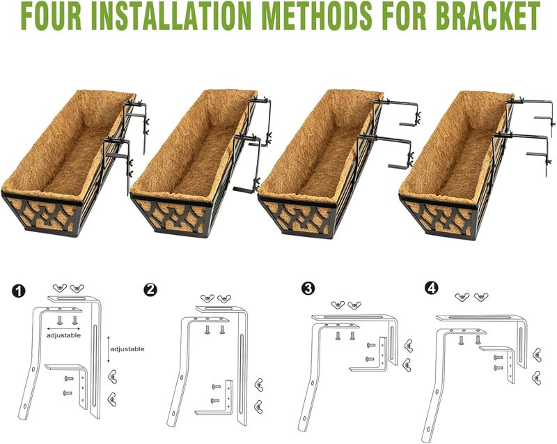Karlliu 2 Pack 24 Inch Window Boxes Planters Railing Planter Box with Adjustable Brackets for Porch Fence Patio Balcony Hanging Flower Baskets with Coco Liners for Outdoor Garden Décor - Black - Image 5