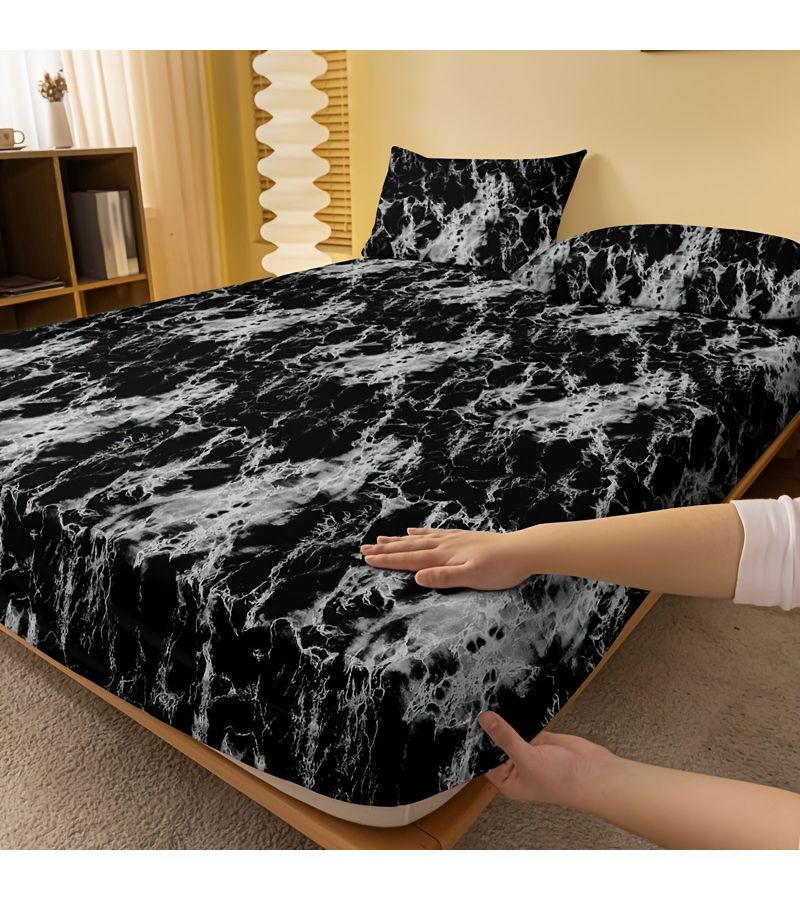 1pc Stone Texture Black Queen Mattress Marble Print Bedding For Bedroom - Image 1
