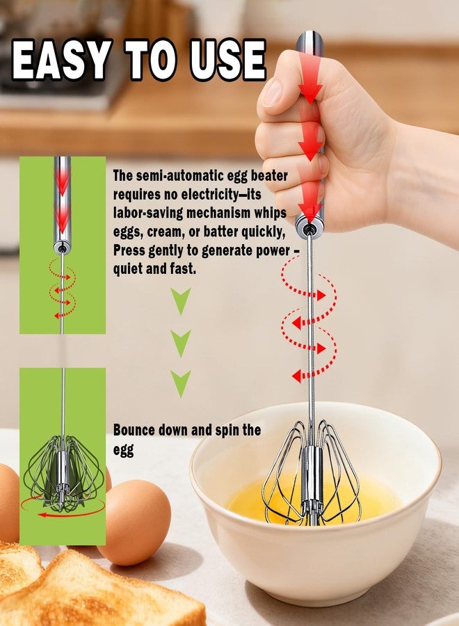 Musibo Semi-automatic Whisk, Stainless Steel Egg Whisk, Hand Mixer Egg Beater, Egg Spinner, Wisking Tool, Hand Push Mixer Stirrer for Blending, Whisking, Beating & Stirring (12in) - Image 3