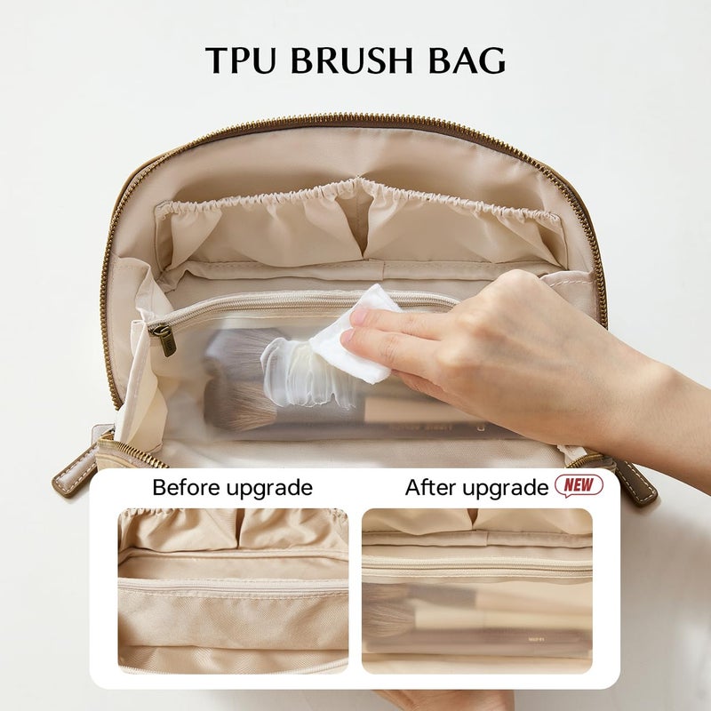 EACHY Travel Makeup Bag, Faux Suede Cosmetic Bags for Women,Large Capacity Portable Pouch Open Flat Toiletry Bag Make up Organizer with Divider and Handle - Image 3