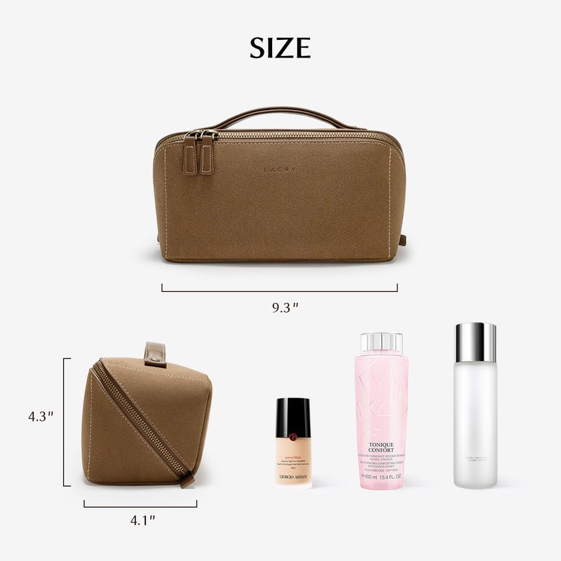 EACHY Travel Makeup Bag, Faux Suede Cosmetic Bags for Women,Large Capacity Portable Pouch Open Flat Toiletry Bag Make up Organizer with Divider and Handle - Image 5