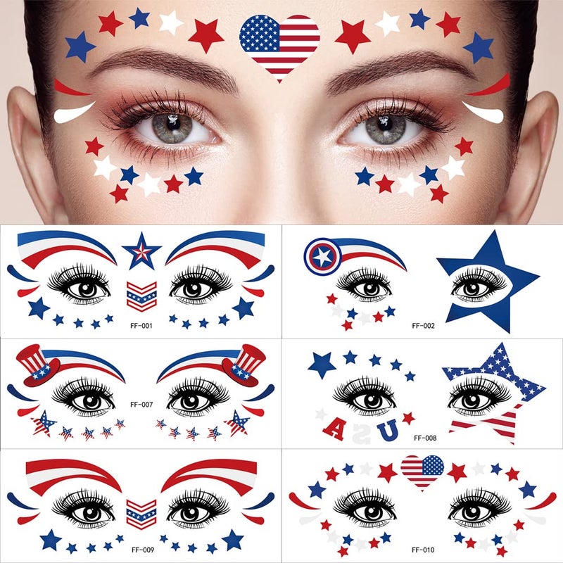 Adonisaon 4th of July Temporary Tattoos Stickers Independence Day Face Tattoo 20 Sheets Flag Decals Eye Makeup Sticker Red Blue White USA Flag Star Stickers Patriotic Body Art Decoration Tattoo Stickers