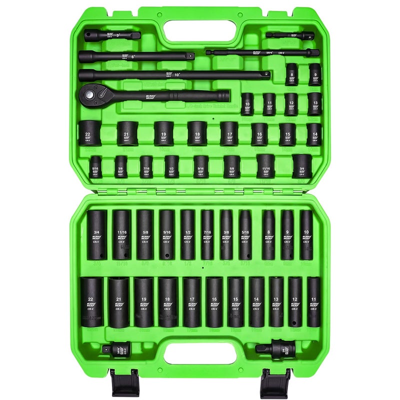 SUNHZMCKP 38 Drive Impact Socket Set 52 Piece Standard SAE 51634 inch and Metric 822mm Shallow Deep 6 Point Sockets 38In Ratchet Handle Extension Bars Adapters Universal Joint CRV