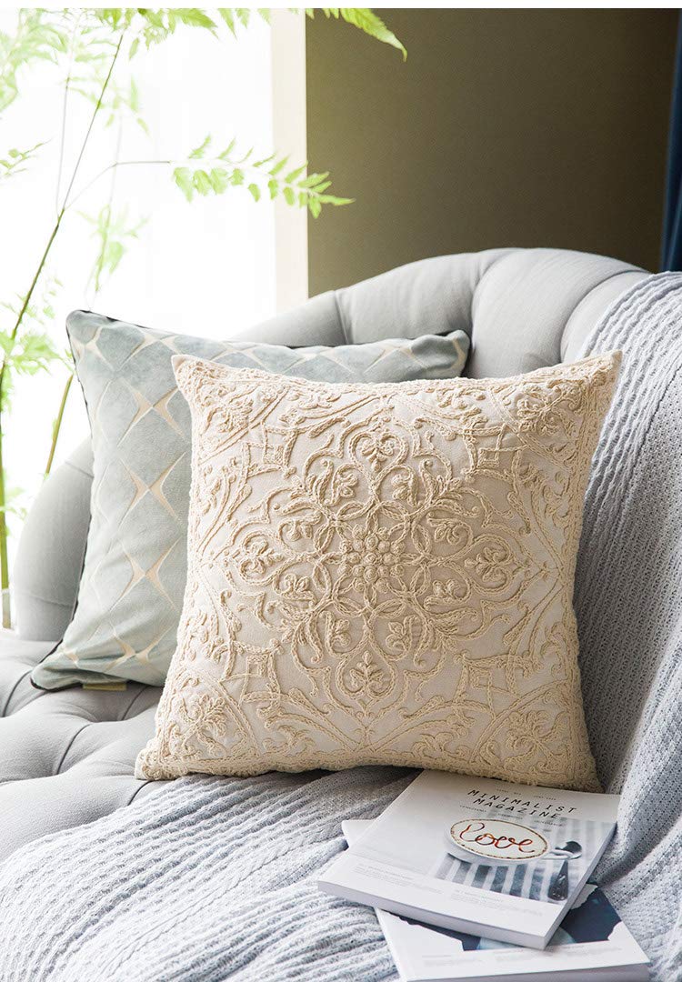 DOKOT Embroidery Throw Pillow Case Covers Square Cushion Cover 100% Cotton with Zipper for Home Decorative 20x20 inches(50x50cm) (Beige, 2 Pieces) - Image 3