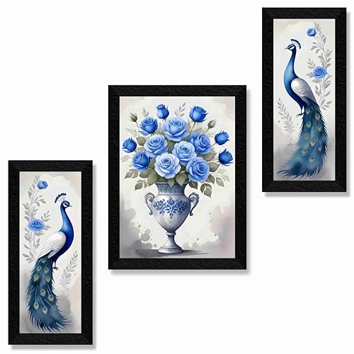 SAF flower with couple peacock Paintings for Wall Decoration - Set Of 3, 3d Painting for Living Room Large Size with Frames for Home Decoration, Hotel, Office painting 75 cm x 50 cm SAL36045 - Image 1