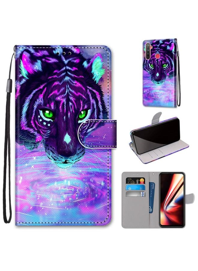 HuHa Case Cover For Realme 5 / 5s / 5i / C3 / C3i / 6i / Narzo10 / 10A / 20A Coloured Drawing Cross Texture Horizontal Flip PU Leather Case with Holder & Card Slots & Wallet & Lanyard Tiger Drinking Water 