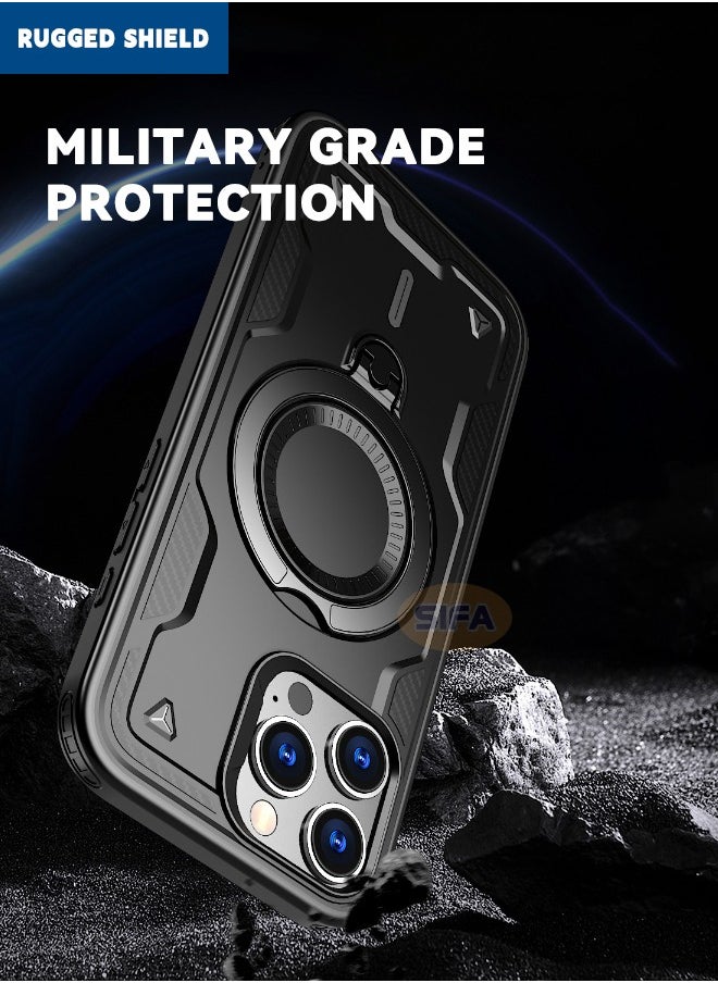 RUGGED SHIELD iPhone 16 Pro Max Case, [Compatible with Magsafe] Mixed Material Case Cover, Military Grade Heavy Duty Anti-Drop Shockproof Phone Case with Round Ring Kickstand for Apple iPhone 16 Pro Max, Black  - Image 3