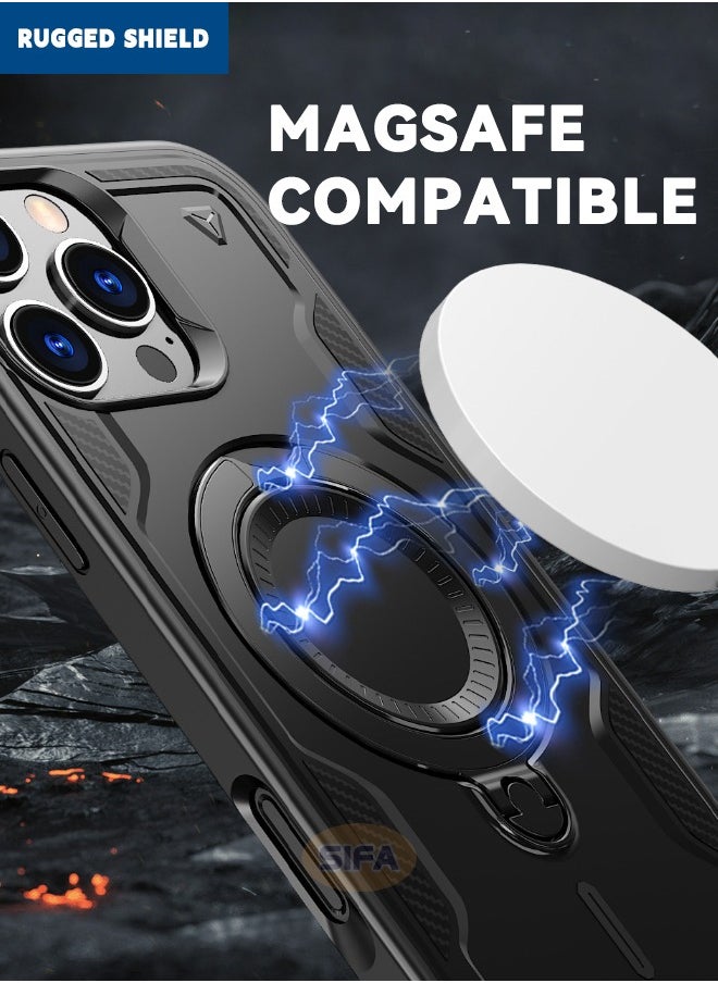 RUGGED SHIELD iPhone 16 Pro Max Case, [Compatible with Magsafe] Mixed Material Case Cover, Military Grade Heavy Duty Anti-Drop Shockproof Phone Case with Round Ring Kickstand for Apple iPhone 16 Pro Max, Black  - Image 4