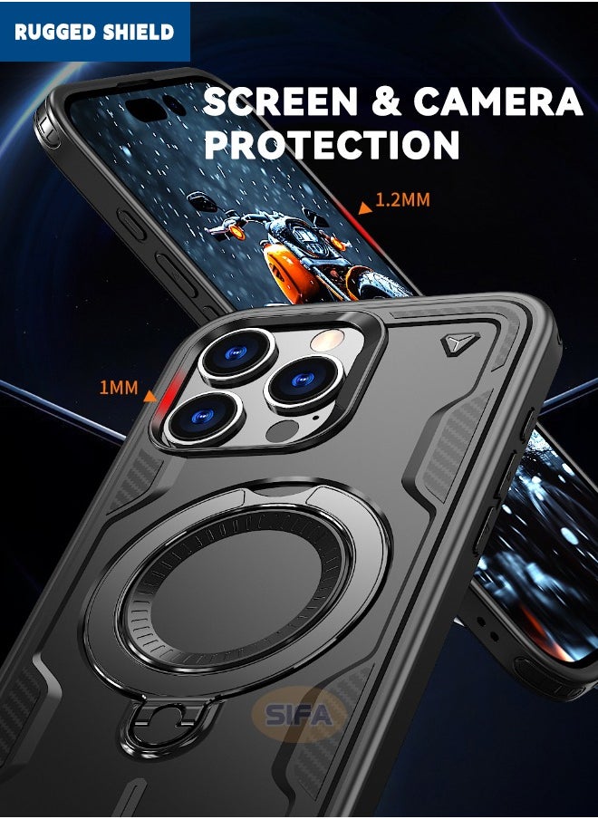 RUGGED SHIELD iPhone 16 Pro Max Case, [Compatible with Magsafe] Mixed Material Case Cover, Military Grade Heavy Duty Anti-Drop Shockproof Phone Case with Round Ring Kickstand for Apple iPhone 16 Pro Max, Black  - Image 5