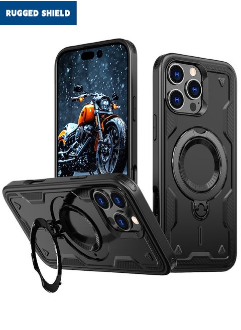 iPhone 16 Pro Max Case, [Compatible with Magsafe] Mixed Material Case Cover, Military Grade Heavy Duty Anti-Drop Shockproof Phone Case with Round Ring Kickstand for Apple iPhone 16 Pro Max, Black