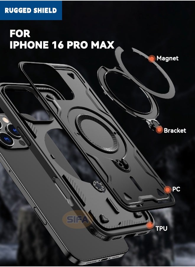 RUGGED SHIELD iPhone 16 Pro Max Case, [Compatible with Magsafe] Mixed Material Case Cover, Military Grade Heavy Duty Anti-Drop Shockproof Phone Case with Round Ring Kickstand for Apple iPhone 16 Pro Max, Black  - Image 2