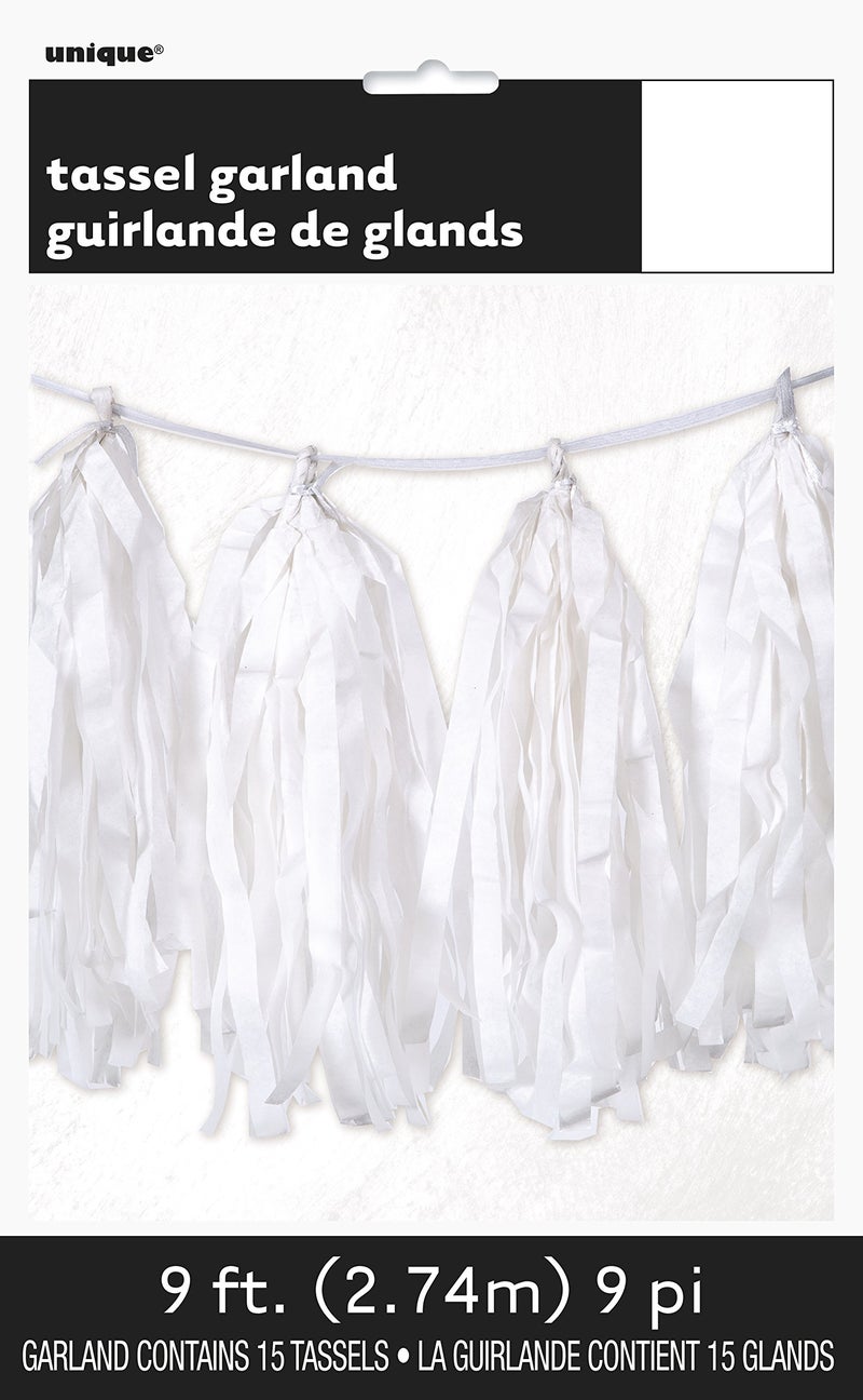 Unique Party 9ft White Tissue Paper Tassel Garland - Image 1
