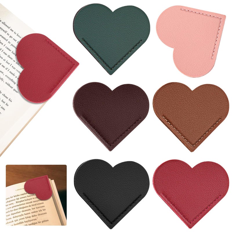 kdafio 6 Pcs Leather Heart Bookmarks, Cute Heart Bookmark Corner Page Book Marks Book Accessories for Women Teachers Students School Office Home Supplies - Image 1