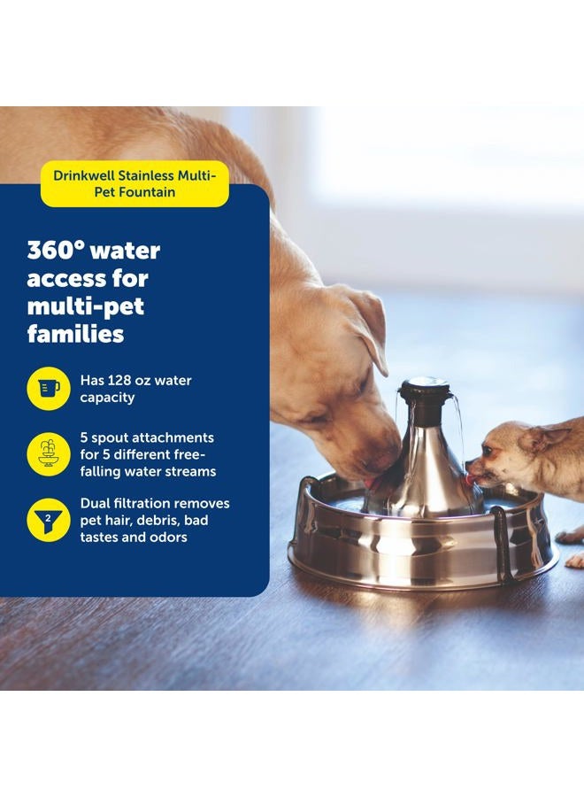 PetSafe Drinkwell Stainless Steel 360 Multiple Pet Fountain - Scratch and Rust Resistant Automatic Water Dispenser for Cats or Dogs - Adjustable Flow Control - 128 Ounce (3.8 Liter) - Filters Included - Image 3