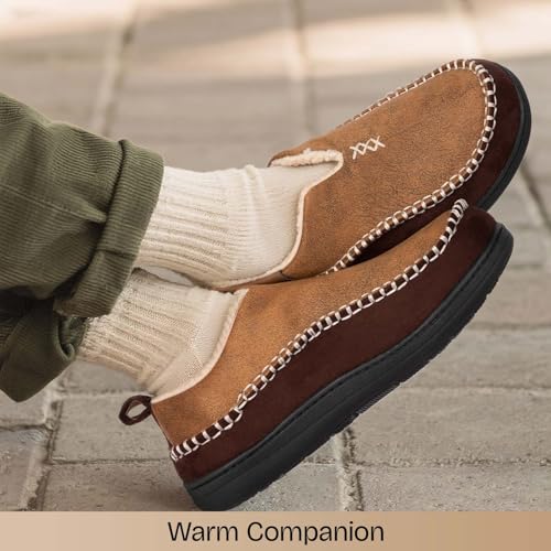 EverFoams Men's Moccasin Slippers Memory Foam Indoor/Outdoor Warm Suede House Shoes with Fuzzy Sherpa Lining (Tan, Size 12 M US) - Image 2