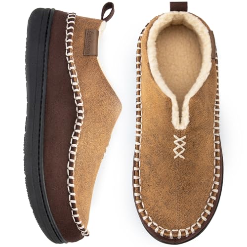 EverFoams Men's Moccasin Slippers Memory Foam Indoor/Outdoor Warm Suede House Shoes with Fuzzy Sherpa Lining (Tan, Size 12 M US) - Image 1