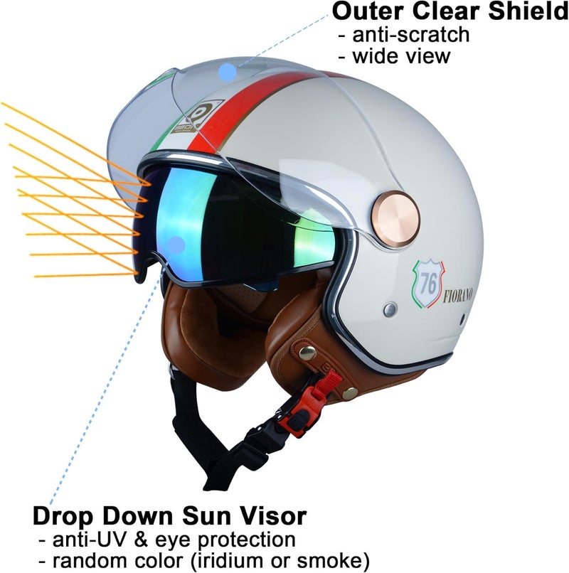 BEON Open Face Motorcycle Helmet for Adults, DOT Approved, Retro Vespa Style with Dual Visors - Image 3