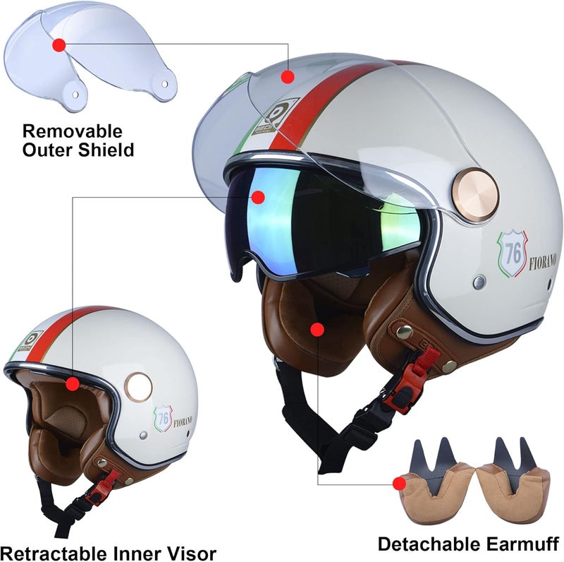 BEON Open Face Motorcycle Helmet for Adults, DOT Approved, Retro Vespa Style with Dual Visors - Image 5