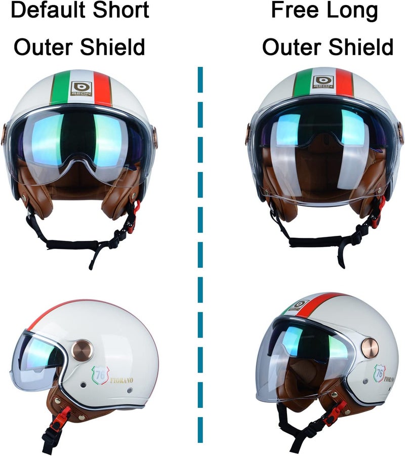 BEON Open Face Motorcycle Helmet for Adults, DOT Approved, Retro Vespa Style with Dual Visors - Image 4