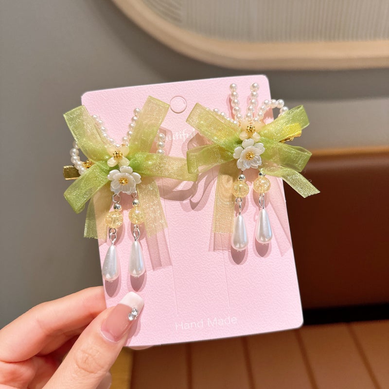 Generic New Childrens Antique Hair Accessories Flower Butterfly Antique Headwear Retro Tassel Streaming Belt Hanfu Hairpin Tang Clothing Accessories 52 Green Pendant Pearl (Pair)