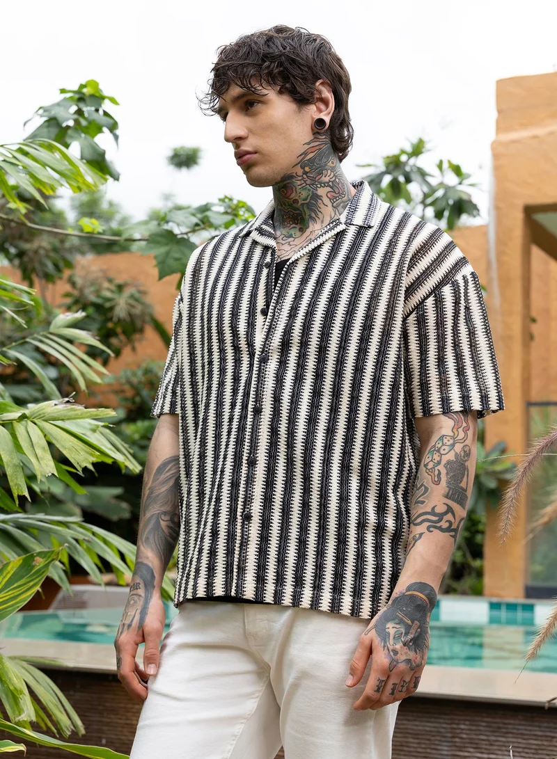 CAHOOT  Men's Midnight Black & Cream White Candy-Striped Crochet Oversized Shirt for Men | Best Price UAE