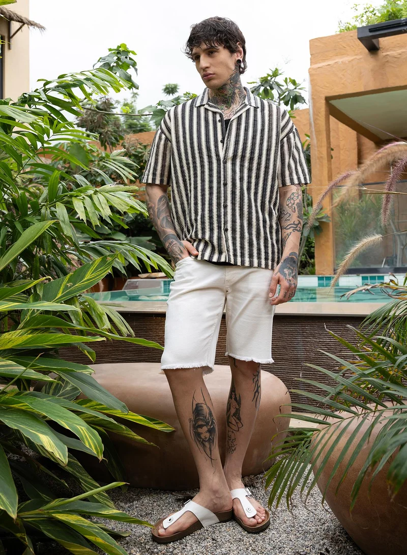 CAHOOT  Men's Midnight Black & Cream White Candy-Striped Crochet Oversized Shirt for Men | Best Price UAE