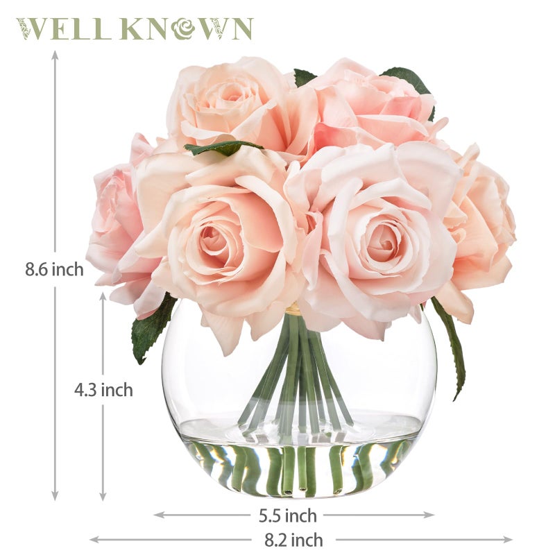 WELL KNOWN Artificial Flowers with Vase, Silk Rose Artificial Flowers Table Centerpieces with Faux Water for Home Decoration Fake Roses Flower Arrangements for Table Decor (Pink) - Image 2
