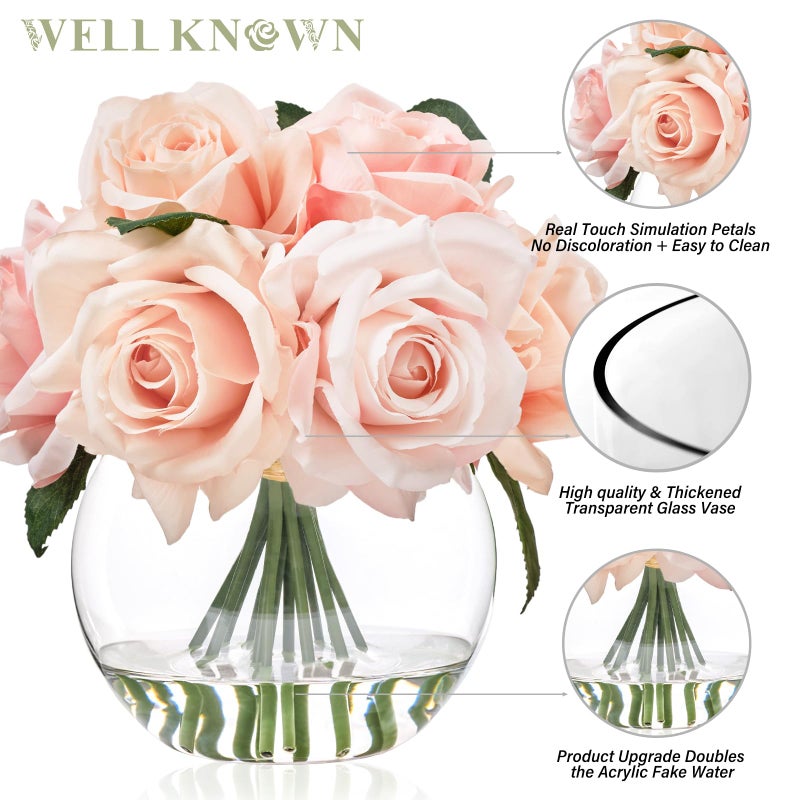 WELL KNOWN Artificial Flowers with Vase, Silk Rose Artificial Flowers Table Centerpieces with Faux Water for Home Decoration Fake Roses Flower Arrangements for Table Decor (Pink) - Image 5
