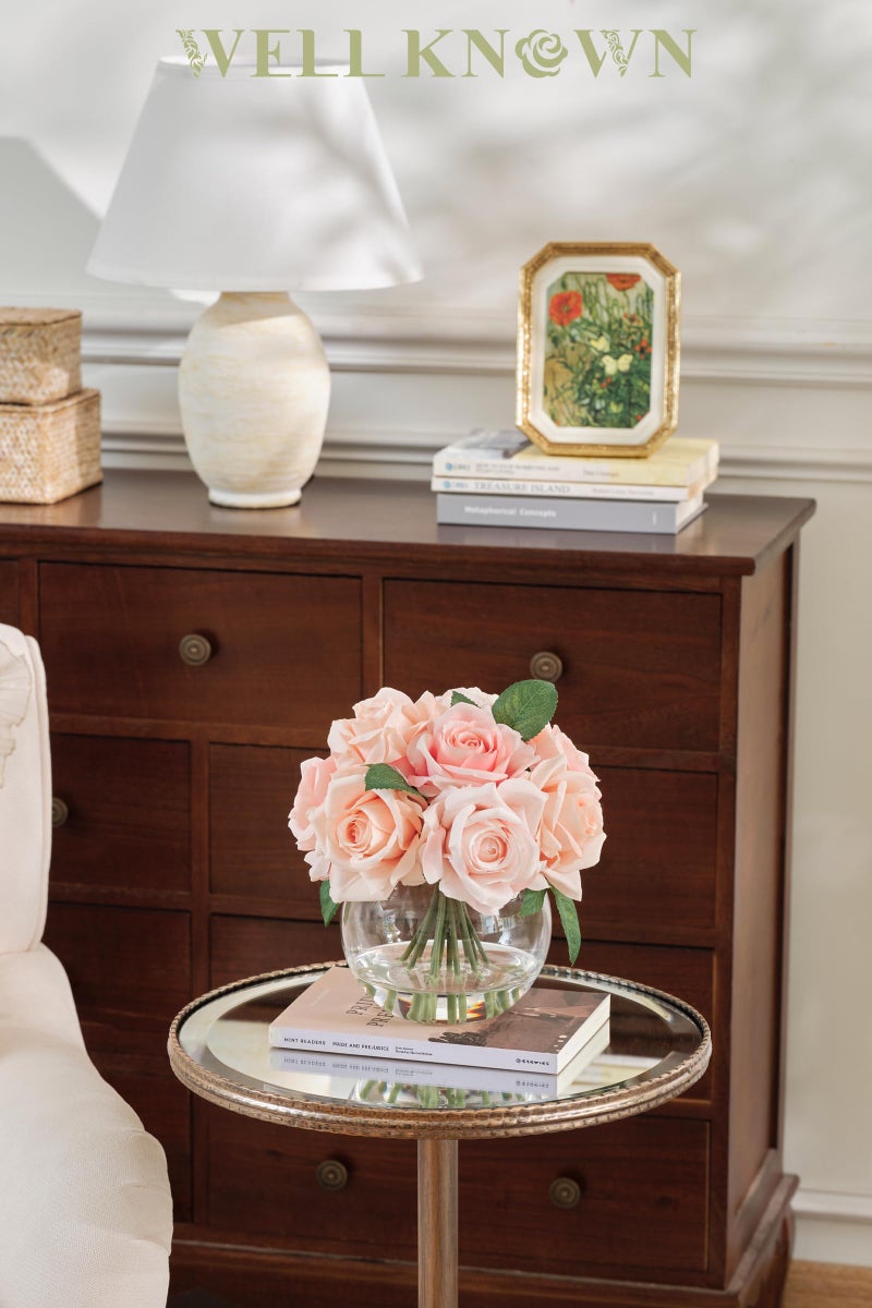 WELL KNOWN Artificial Flowers with Vase, Silk Rose Artificial Flowers Table Centerpieces with Faux Water for Home Decoration Fake Roses Flower Arrangements for Table Decor (Pink) - Image 4