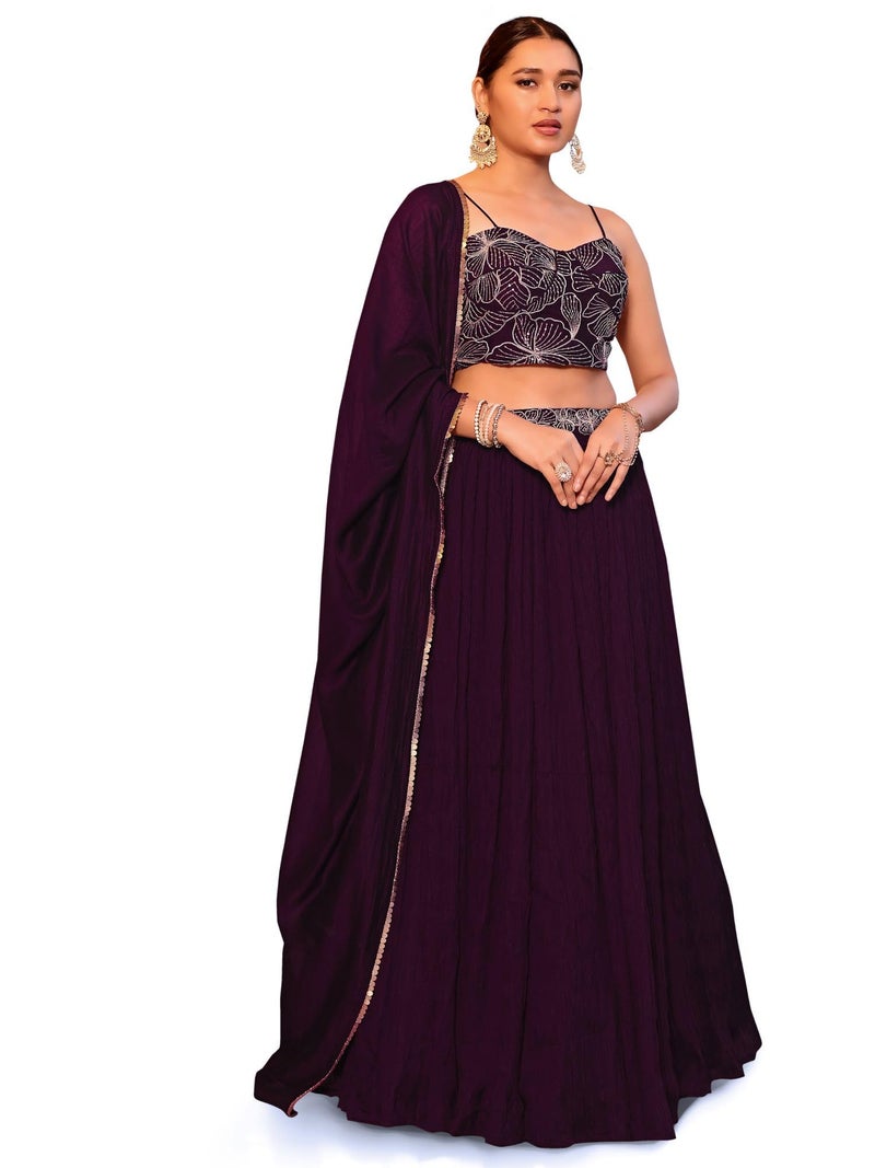 PURVAJA Women's Crush Silk Semi-Stitched Lehenga choli (Rifat-Wine_Wine_Free Size) - Image 1