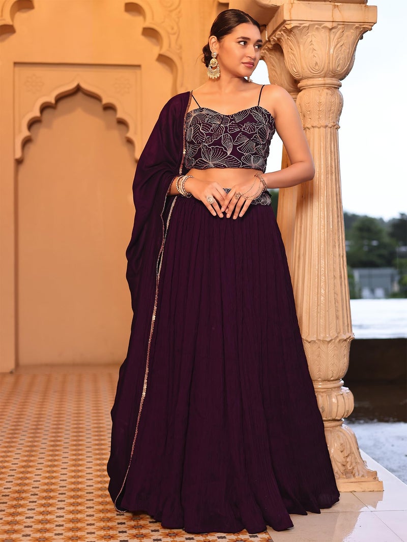 PURVAJA Women's Crush Silk Semi-Stitched Lehenga choli (Rifat-Wine_Wine_Free Size) - Image 4
