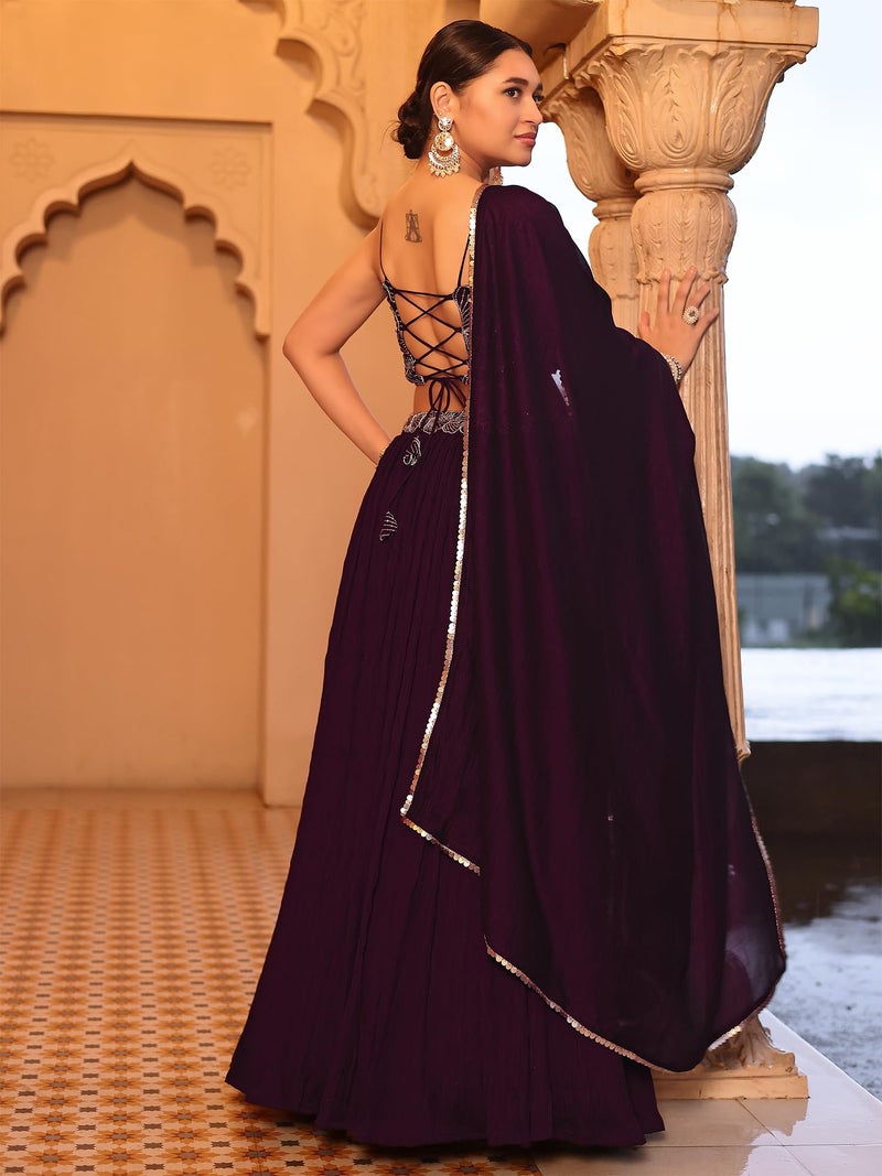 PURVAJA Women's Crush Silk Semi-Stitched Lehenga choli (Rifat-Wine_Wine_Free Size) - Image 3
