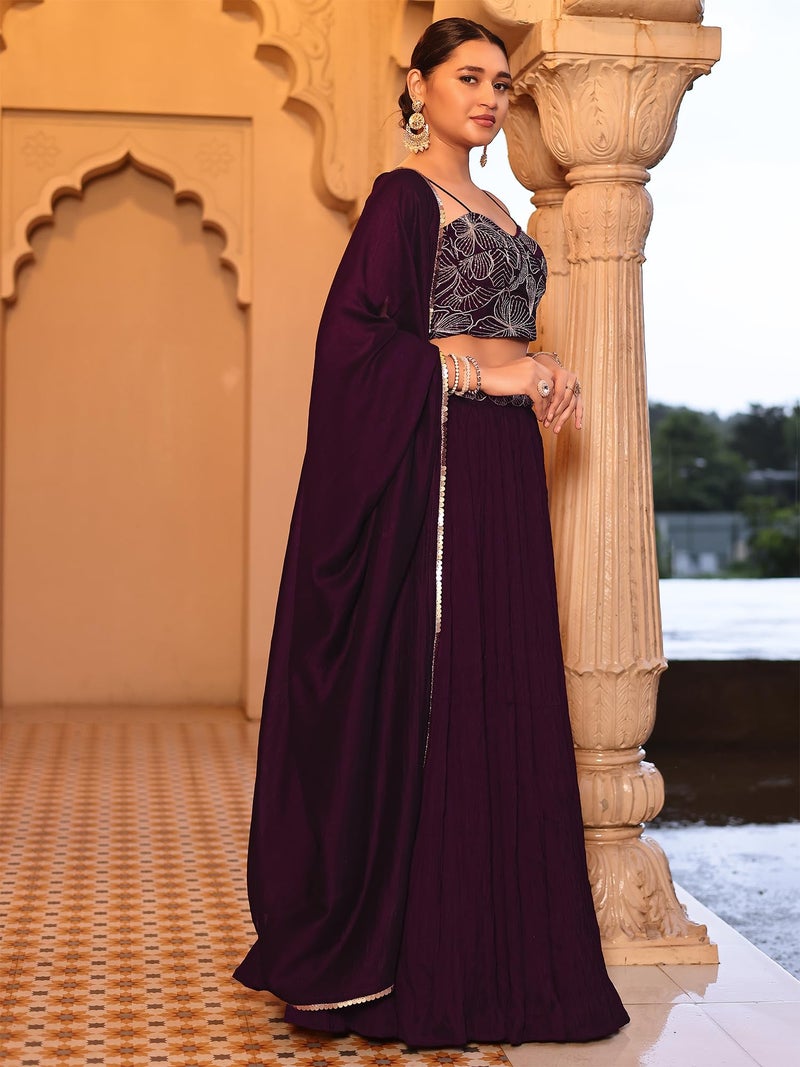 PURVAJA Women's Crush Silk Semi-Stitched Lehenga choli (Rifat-Wine_Wine_Free Size) - Image 2