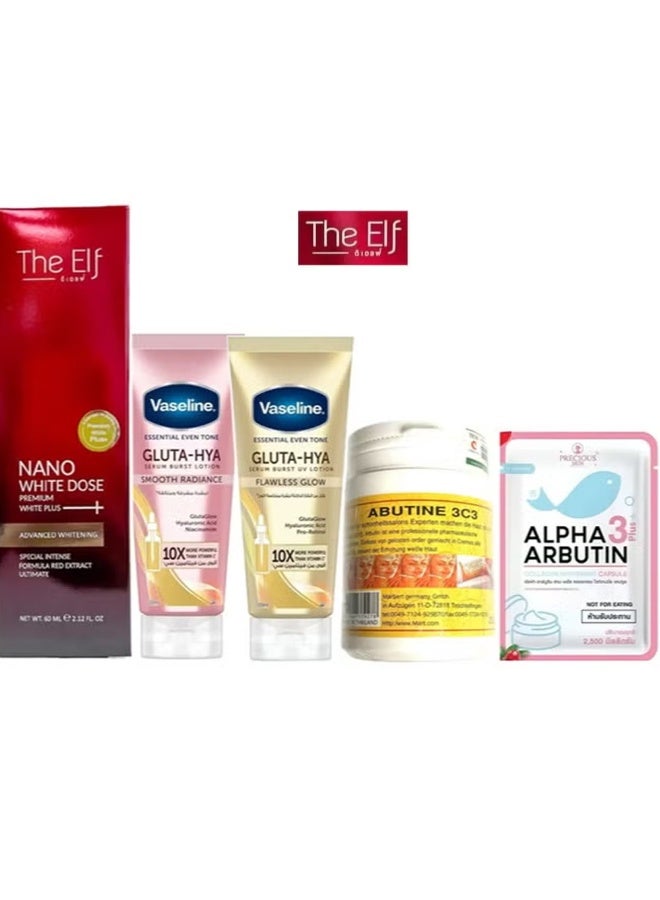 The Elf Whitening Set Nano White Dose Serum ,GLUTA-HYA Smooth Radiance & Flawless Glow & Alpha Arbutin Capsules and Abutine 3C3 Cream