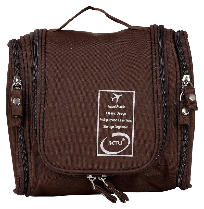 Iktu Multifunction Unisex Zipper Toiletry Bag Travel Organizer Hanger Storage Waterproof Makeup Pouch Cosmetic Case Dark Brown - Image 1