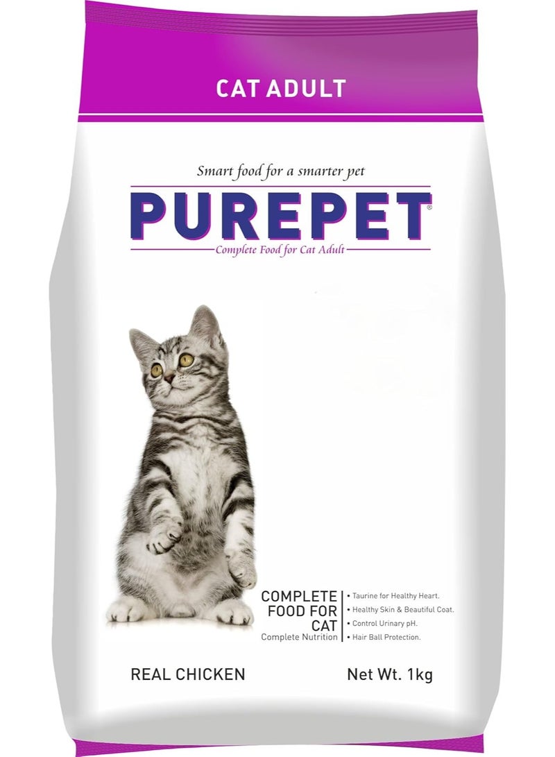 Purepet Adult Dry Cat Food 1kg Pack | Real Chicken Flavour | Prevents Hairballs | Supports Cardiac Function | Promotes Skin Wellness | Enriched with Taurine - Image 1
