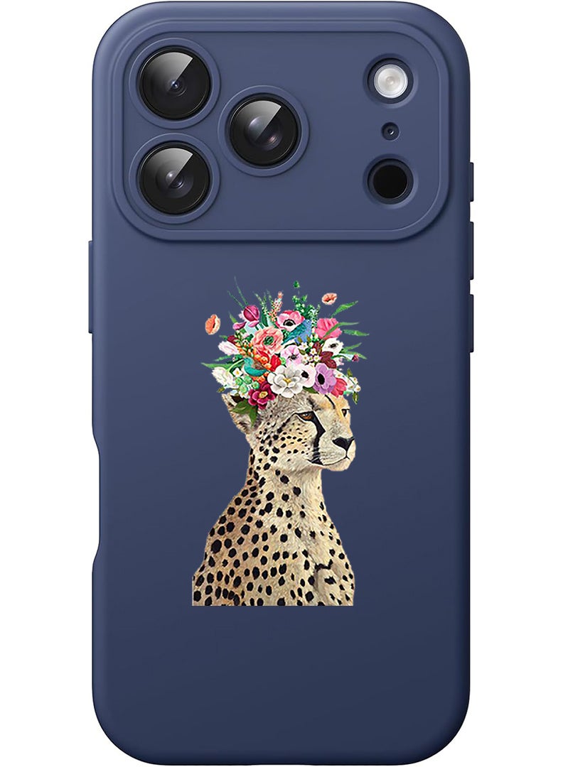 Theodor Protective Slim Fit Case Liquid Silicone Cover with Full Body Protection Anti-Scratch Shockproof Case For Apple iPhone 17 Pro (Blue) Cheetah Flower - Image 1