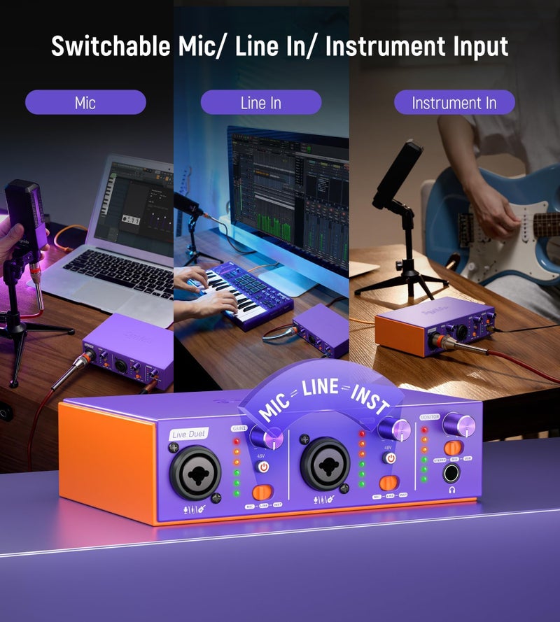 Synido Live Duet USB C Audio Interface for Recording Music, Streaming, Podcasting with Dual XLR, Line Input, 24bit/48kHz, 48V Phantom Power, 2-channel, Purple - Image 3