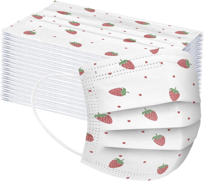 woobles 50PCS Strawberry Printed Disposable Face Masks for Women with Design Cute Paper Face Masks Full Face Protection(A 50PCS) A 50pcs - Image 1