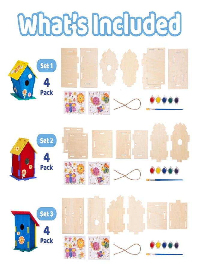 Neliblu DIY 12 Wooden Bird House Kits - Creative Arts and Crafts Set for Kids and Adults - Unfinished Wood Birdhouses with Paint Strips, Brushes, Stickers and Strings - 3 Unique Shapes, 2 Sizes - Image 3