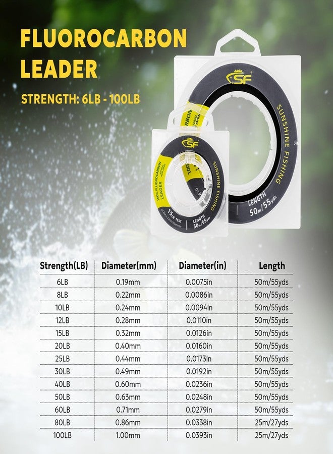 اس اف خيط صيد SF مصنوع من مادة فلوروكربون نقية 100%، غير مرئي تقريبًا، مقاوم للصدمات، حساسية عالية، يغوص بسرعة، شفاف، 55 ياردة، 8 رطل - Image 2